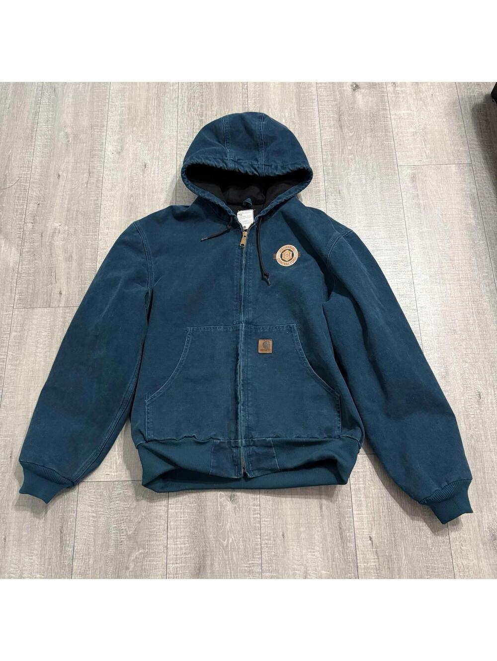 Vintage Rare Carhartt J25 DTL Dark Teal Insulated Full Zip Hooded Work Jacket L - Picture 2 of 11